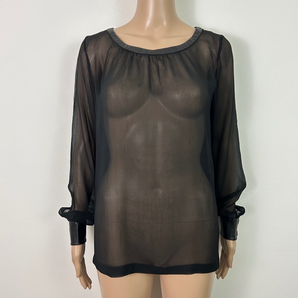 Club Monaco Black Sheer Silk Blouse Leather Trim Cuffs Small